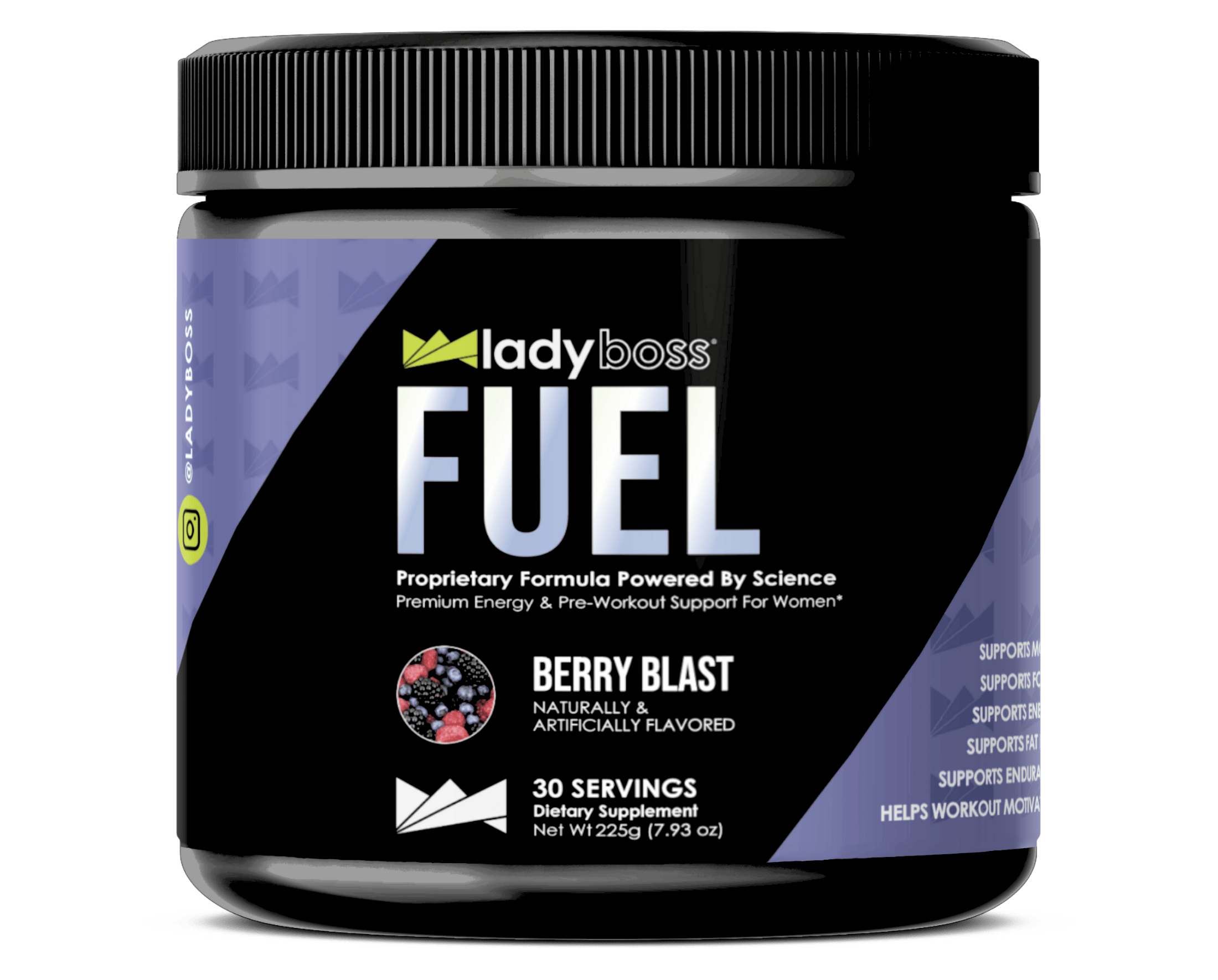 Black and purple container of Lady Boss Fuel supplement with berry blast flavor on a transparent background