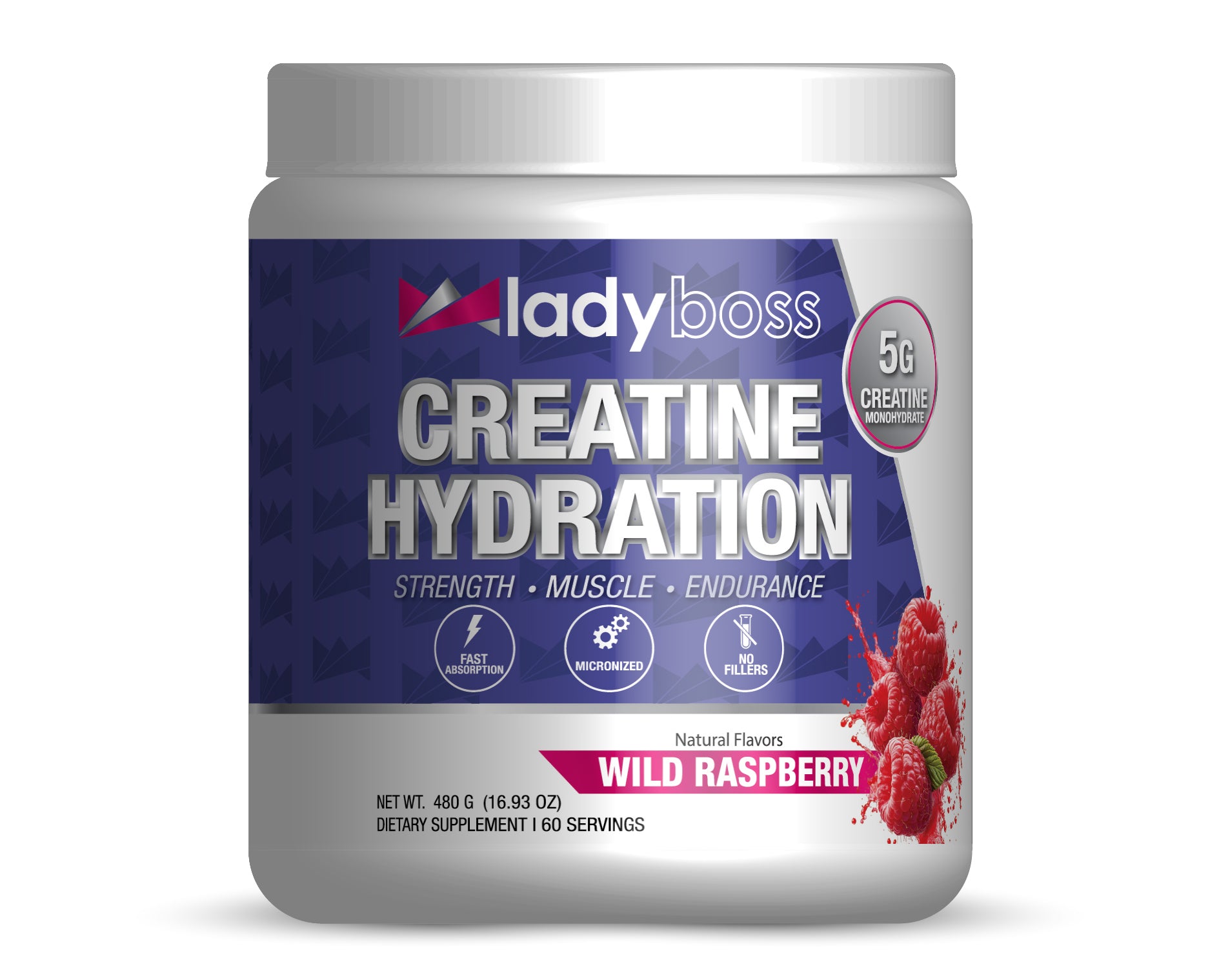 Container of LadyBoss Creatine Hydration supplement with wild raspberry flavor on a white background