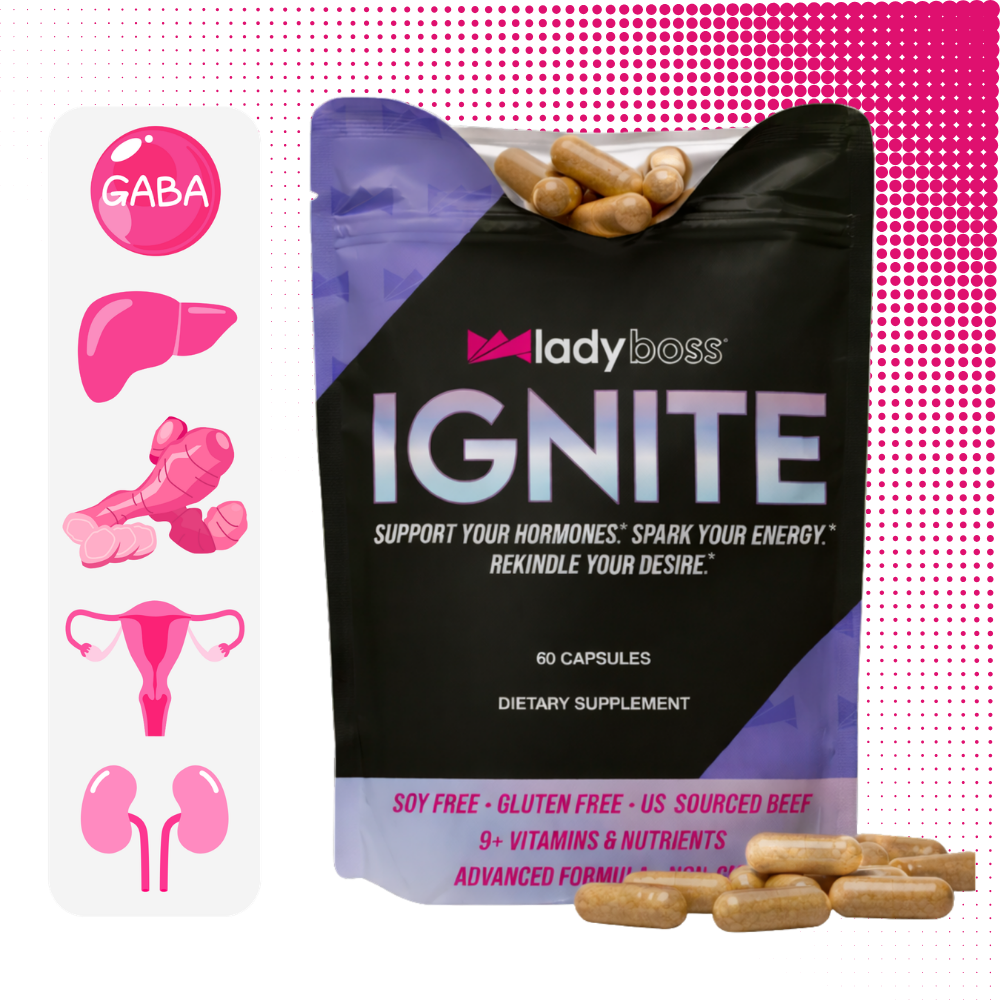 Supplement package labeled 'Lady Boss Ignite' with capsules and icons on a white background.