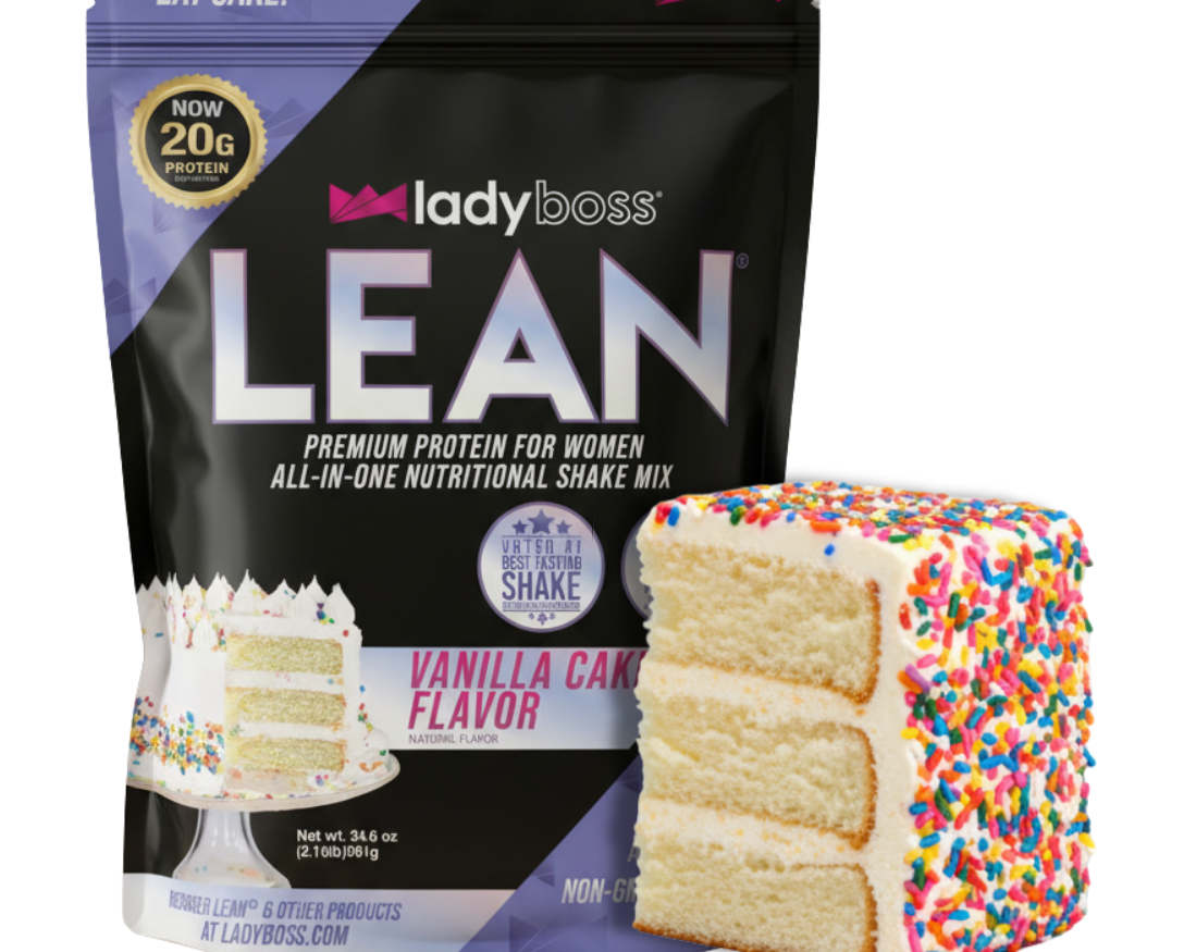 Protein shake mix package with vanilla cake flavor and colorful sprinkles on a white background