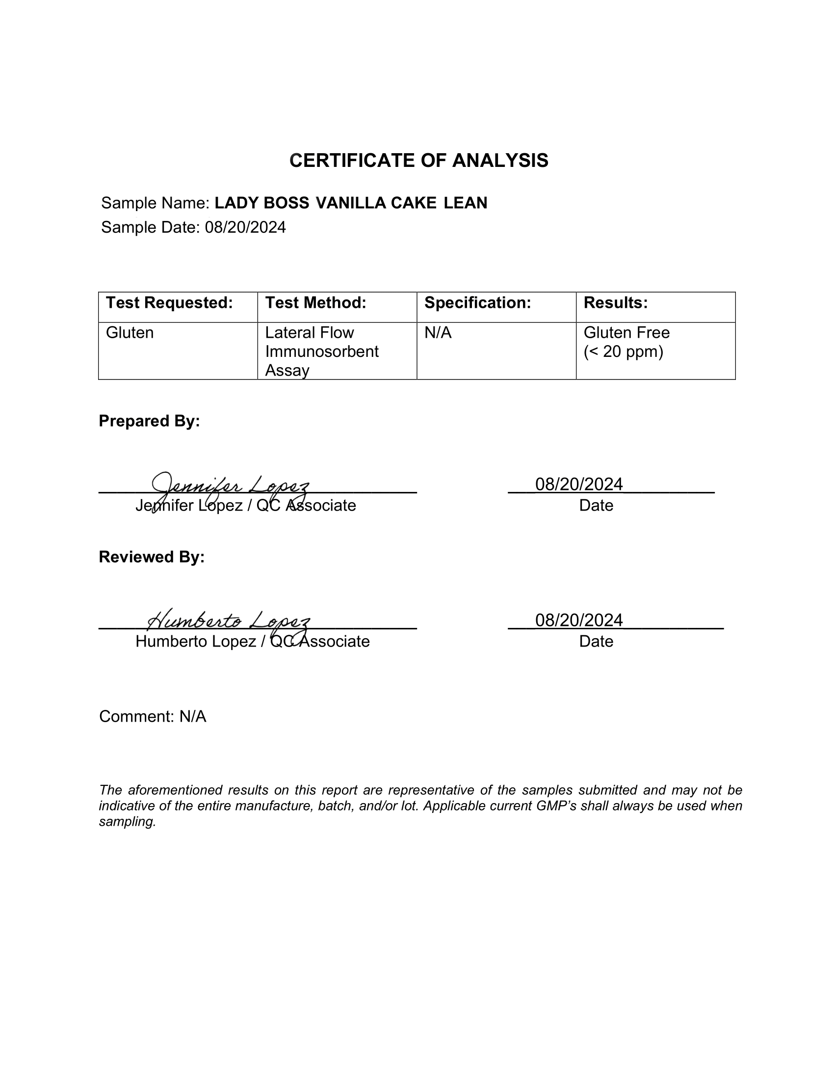 Certificate of Analysis for Lady Boss Vanilla Cake Lean with test results and signatures.