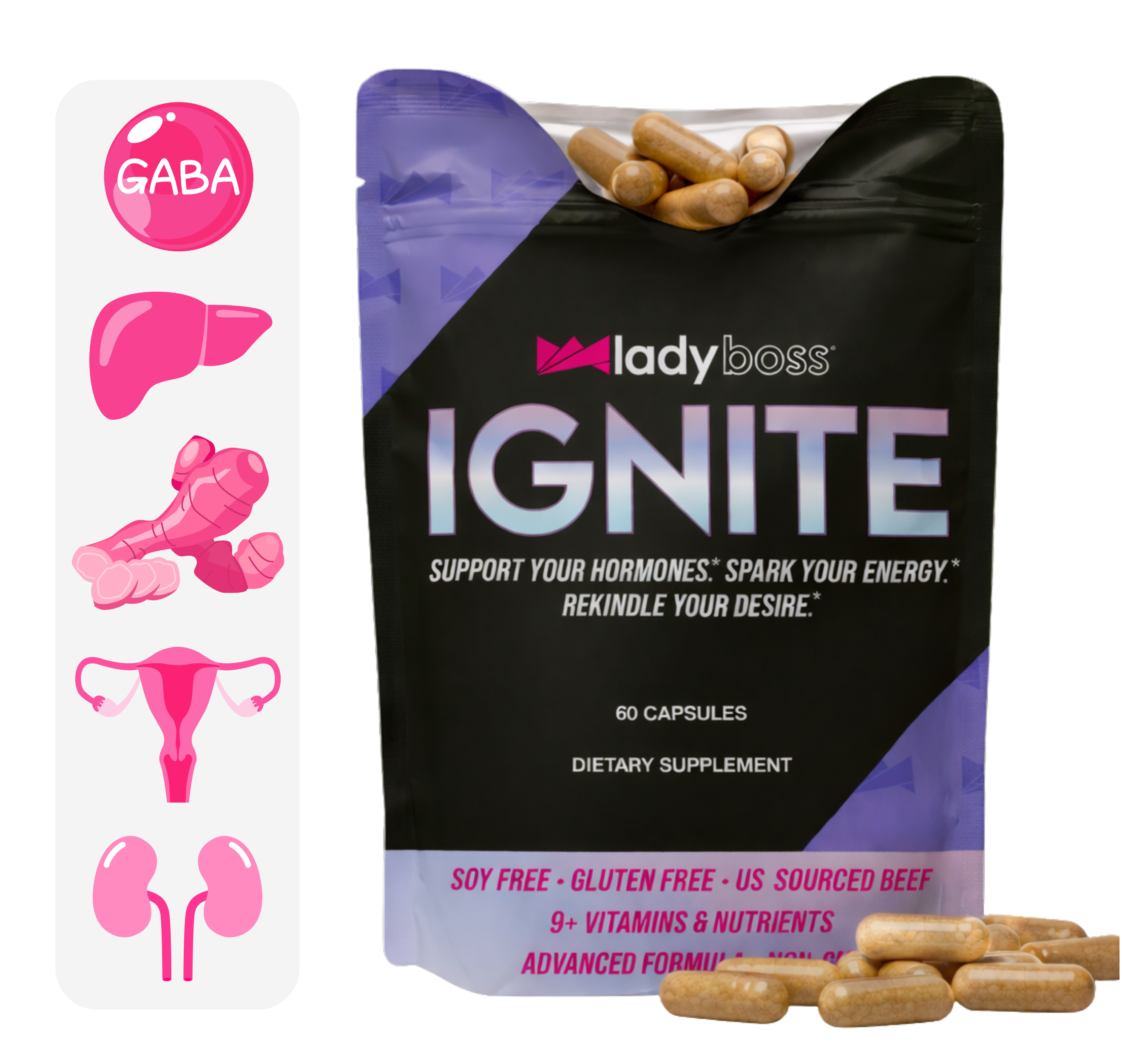 Supplement package with capsules and packaging labeled 'Ladyboss Ignite' on a white background.