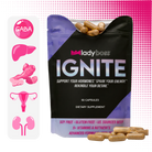 Supplement package labeled 'Lady Boss Ignite' with capsules and icons on a white background.