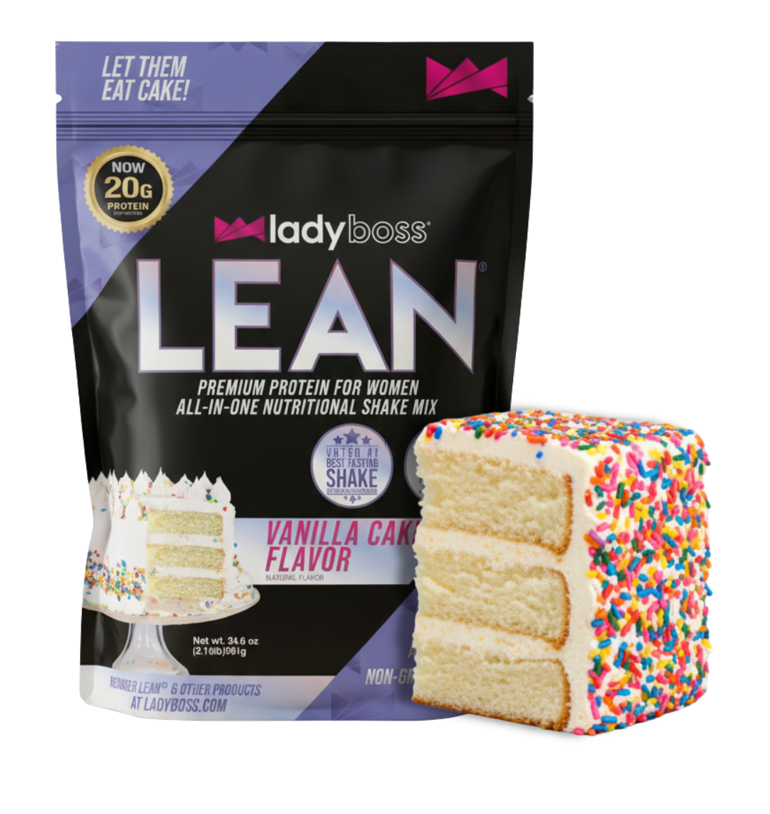 Protein shake mix package with vanilla cake flavor and colorful sprinkles on a white background