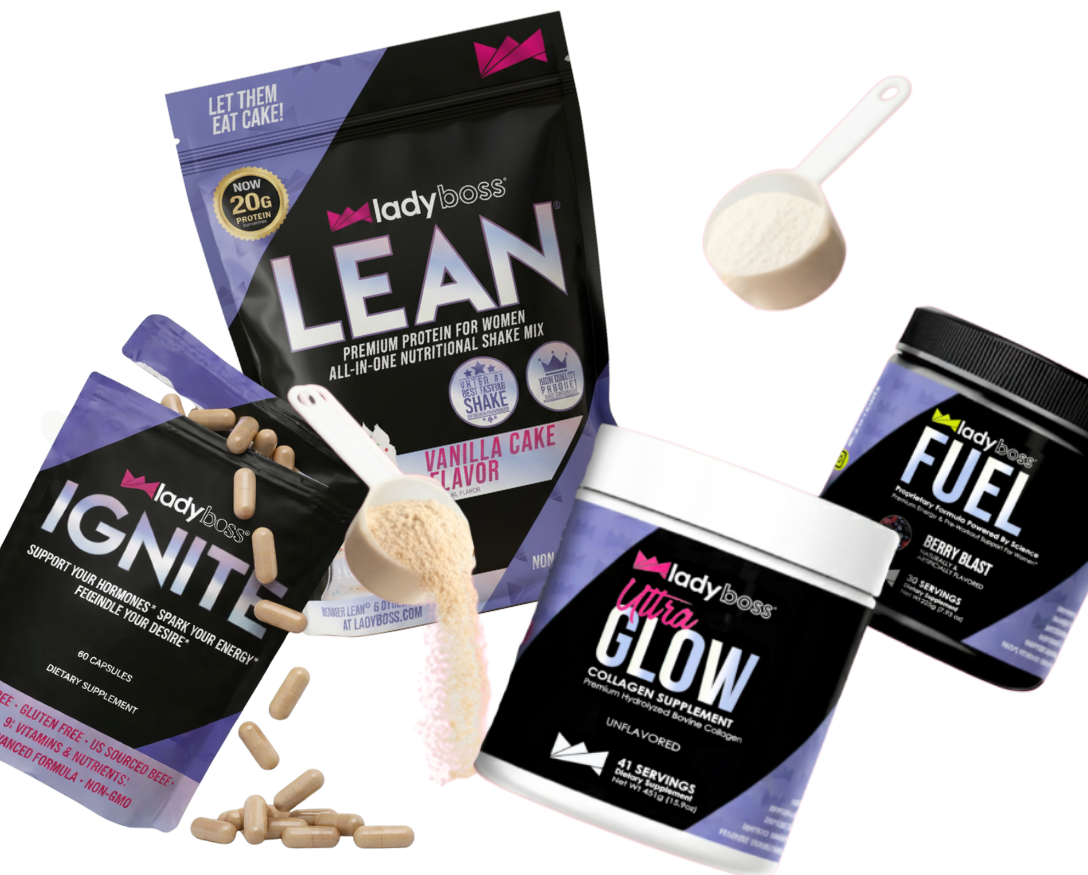 Collection of Ladyboss health and fitness products including protein powder and supplements on a white background.