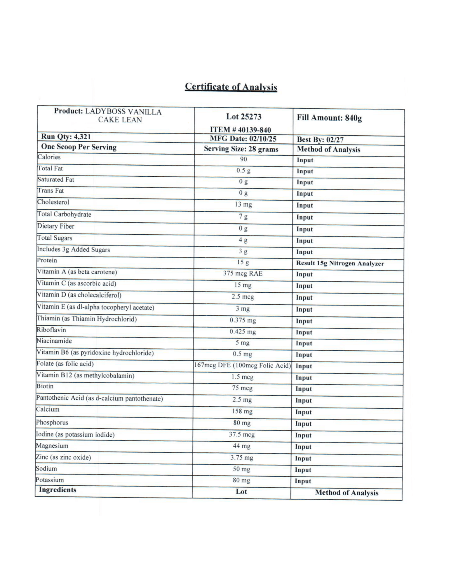 Certificate of Analysis for Ladybod Vanilla Cake Lean product