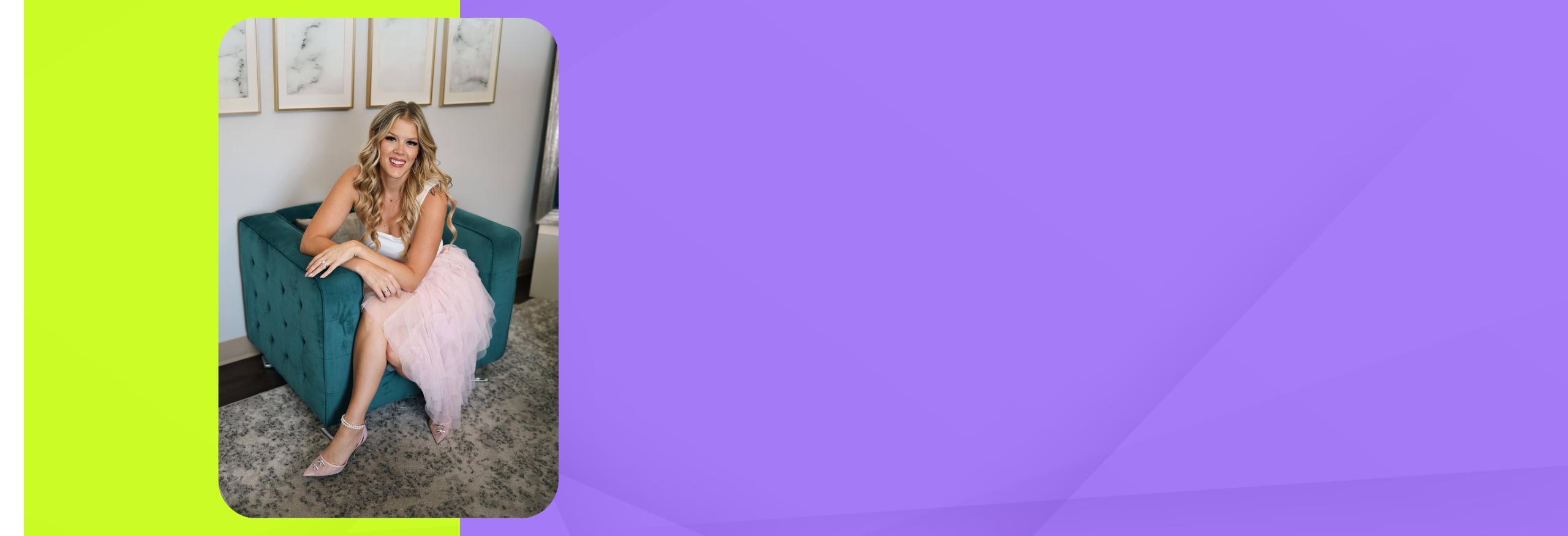 Woman in a pink dress sitting on a green couch with a purple background